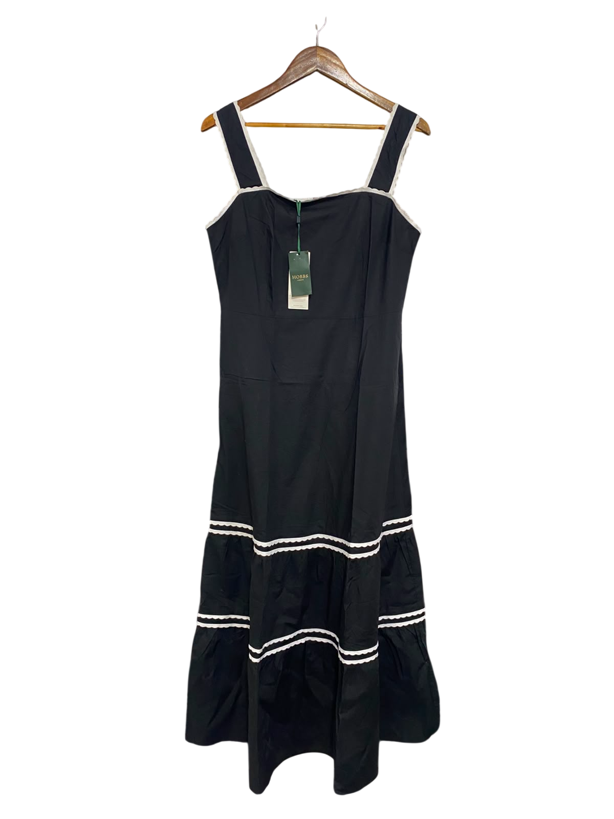 HOBBS |S| BUST 17| A20| BLACK MIDI DRESS WHITE SCALLOP TRIM TIERED STRAPPY DRESS