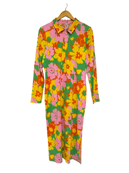 ONLY |XL| BUST 21| A20| MULTICOLOR RETRO FLORAL POLO MIDI DRESS VIBRANT LONG SLEEVE DRESS