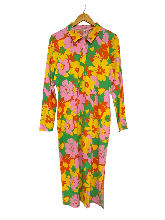 ONLY |XL| BUST 21| A20| MULTICOLOR RETRO FLORAL POLO MIDI DRESS VIBRANT LONG SLEEVE DRESS