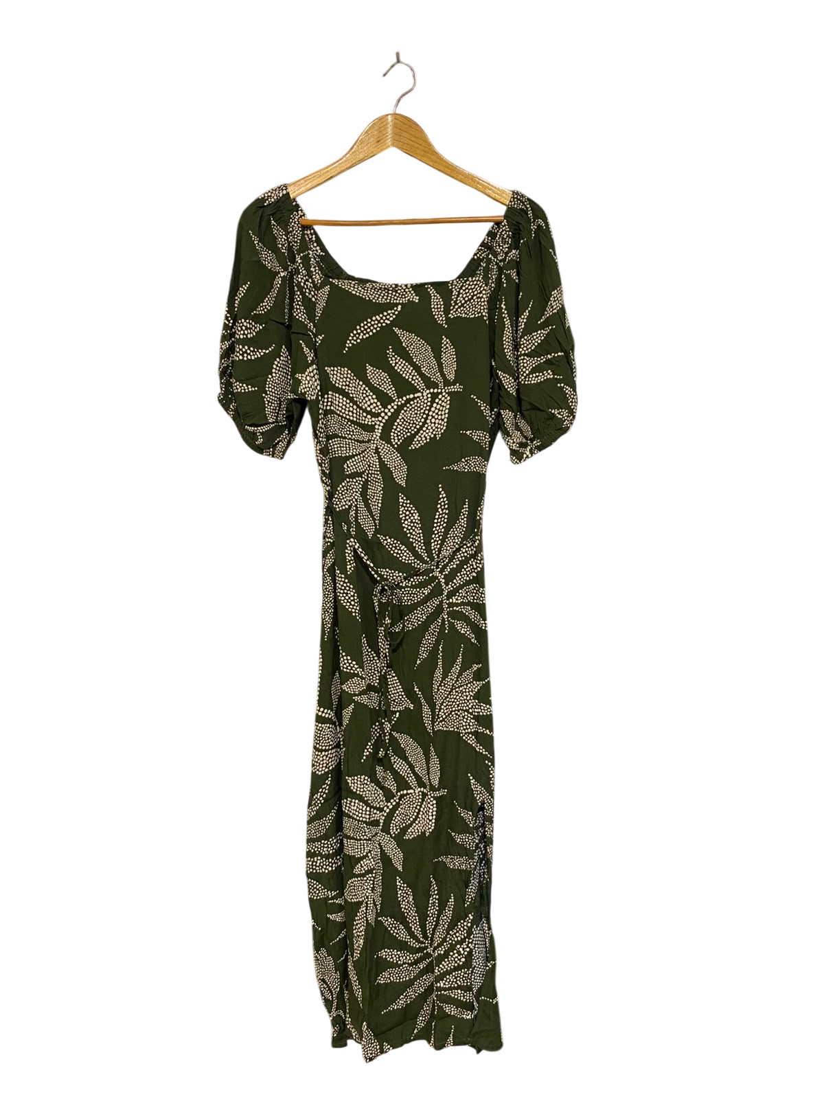 PEACOCKS |L| BUST 19| A20| OLIVE GREEN LEAF PRINT MIDI DRESS SQUARE NECK PUFF SLEEVE SLIT DRESS