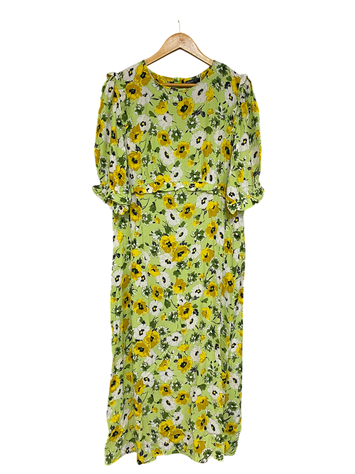 NOBODYS CHILD |L| BUST 19| A20| LIME GREEN FLORAL MIDI DRESS SHORT PUFF SLEEVE VIBRANT SPRING DRESS