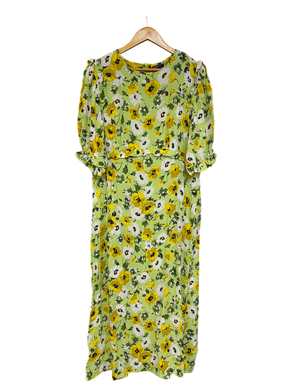 NOBODYS CHILD |L| BUST 19| A20| LIME GREEN FLORAL MIDI DRESS SHORT PUFF SLEEVE VIBRANT SPRING DRESS