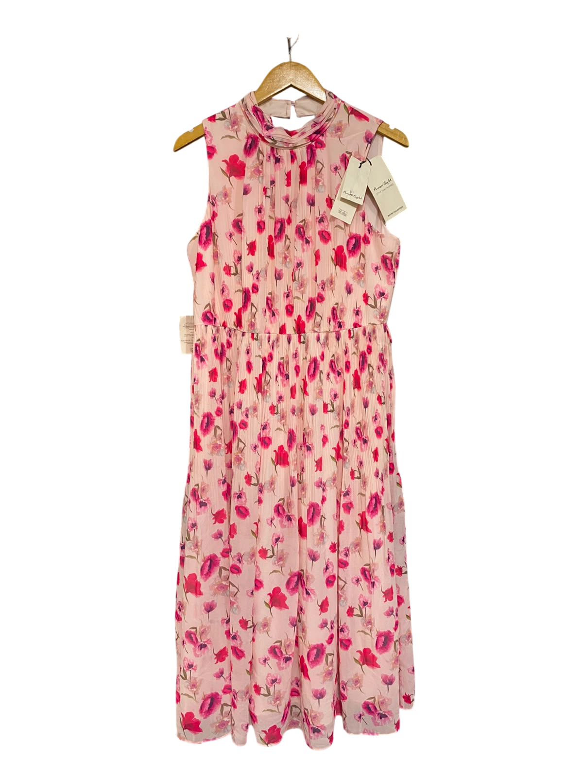 PETITE |M| BUST 18| A20| PINK FLORAL PLEATED MIDI DRESS ELEGANT HALTER NECK PARTY DRESS