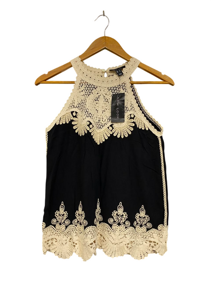NEW LOOK |S| BUST 17| A20| BLACK AND BEIGE CROCHET LACE HALTER TOP