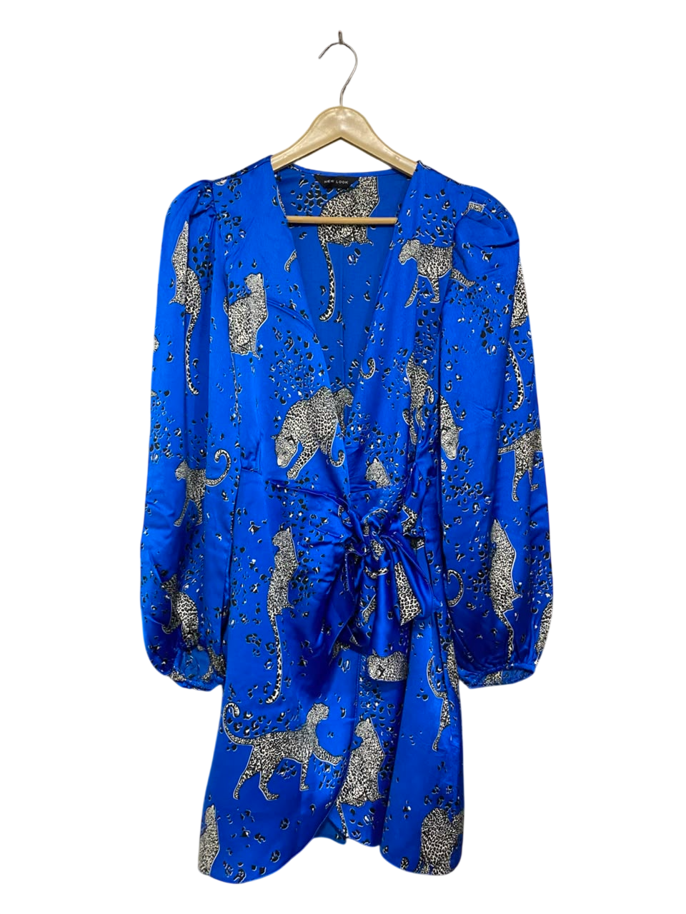 NEW LOOK |M| BUST 17| A21| BLUE LEOPARD PRINT WRAP LONG SLEEVE MINI DRESS