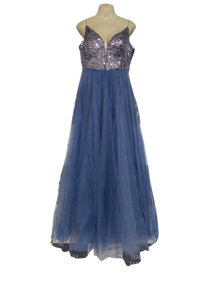 VERA MONT |L| BUST 20| C9| DUSTY BLUE SEQUIN BODICE TULLY MAXI DRESS