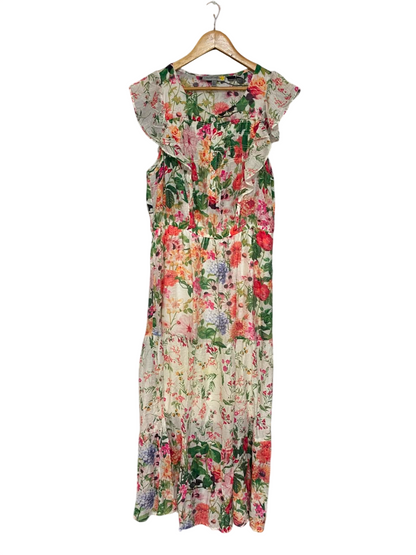 FIGUEROA & EFLORVER |L| BUST 19| A21| MULTICOLOR FLORAL PRINT RUFFLE SLEEVE MIDI DRESS