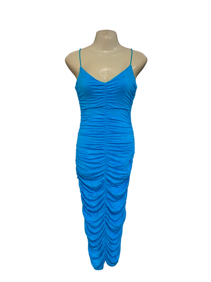 PRETTYLITTLE THING |M| BUST 15| A21| BRIGHT BLUE RUCHED SLIP MIDI DRESS