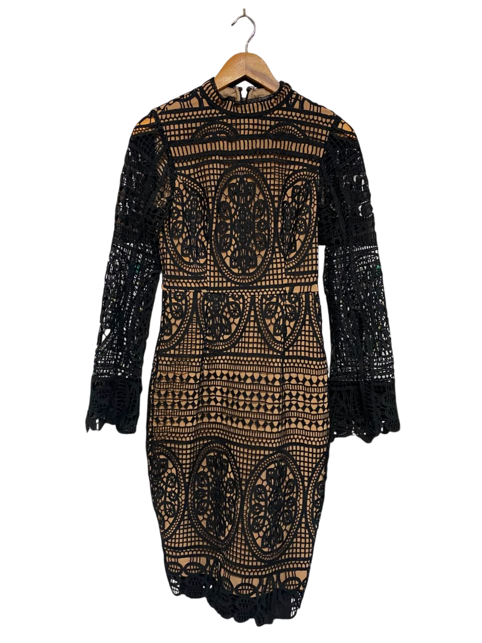 MINISTRY OF STYLE |S| BUST 15| A21| BLACK AND NUDE CROCHET LACE LONG SLEEVE MIDI DRESS