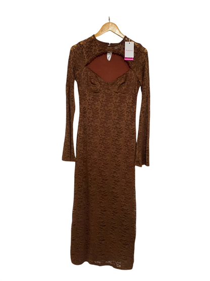 BEGINNING |M| BUST 16| A21| BROWN LACE CUT-OUT LONG SLEEVE MIDI DRESS