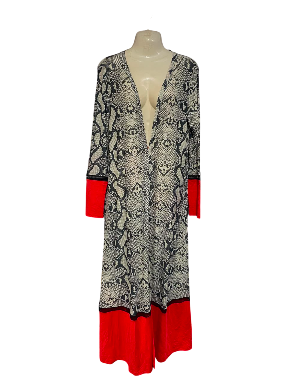 CBR |L| BUST 20| A21| SNAKESKIN PRINT RED TRIM LONG KIMONO CARDIGAN