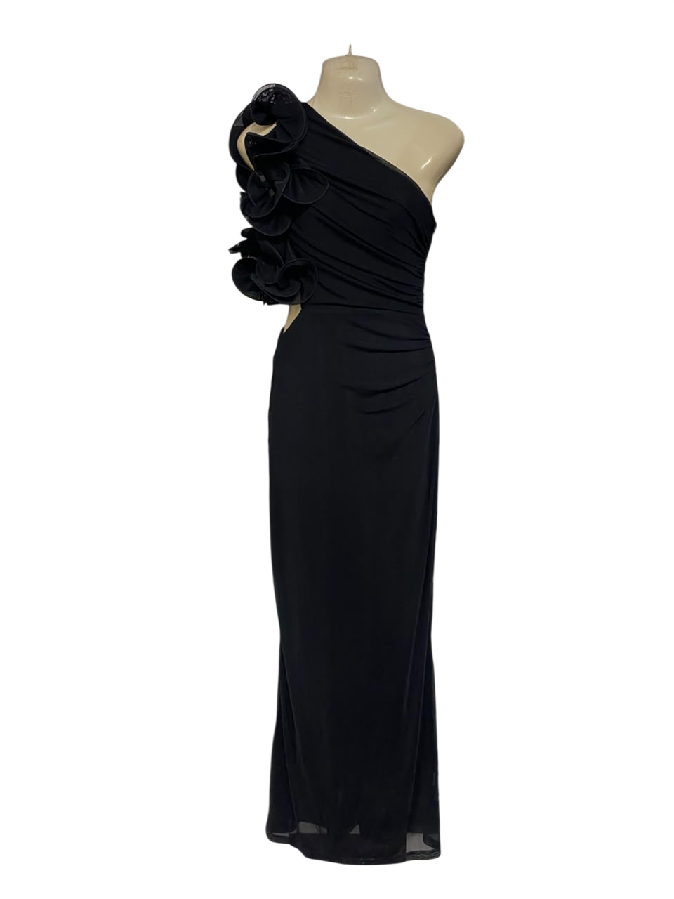 SAINTS & SECRETS |S| BUST 15| A21| BLACK ONE-SHOULDER RUFFLE MAXI DRESS