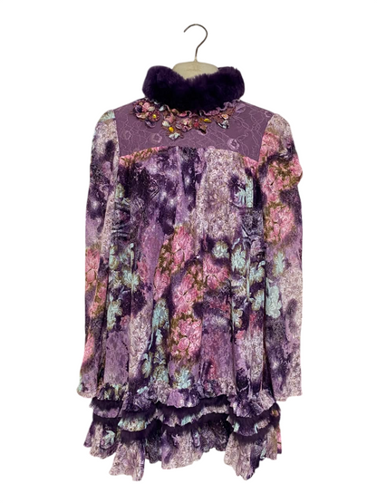 ANNA & LICE |M| BUST 19| A21| PURPLE FLORAL FAUX FUR TRIM LONG SLEEVE MINI DRESS