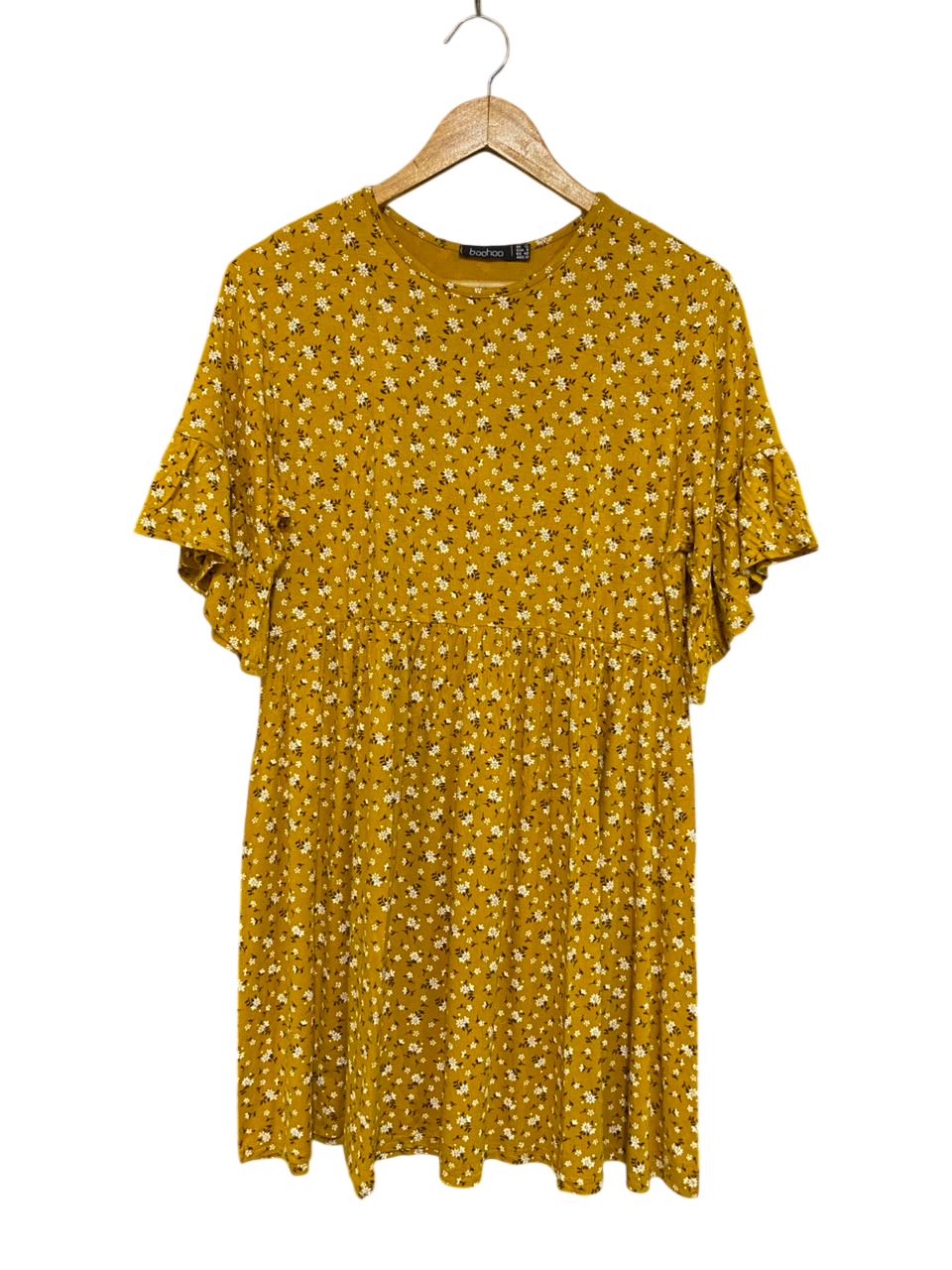 BOOHOO |M| BUST 18| A21| MUSTARD YELLOW FLORAL PRINT RUFFLE SLEEVE SMOCK DRESS