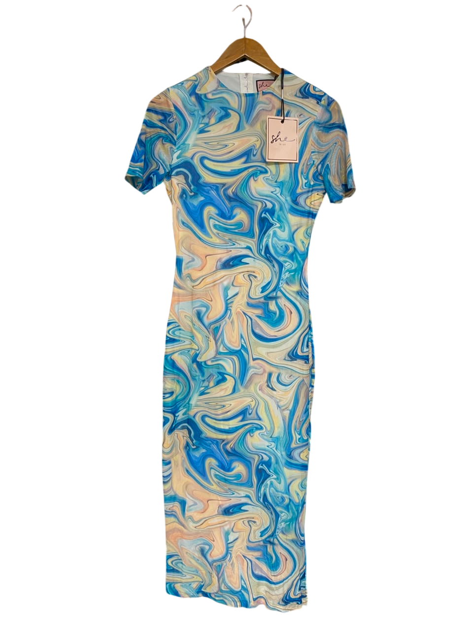 SHE |L| BUST 16| A21| BLUE MARBLE SWIRL PRINT SHORT SLEEVE MIDI DRESS