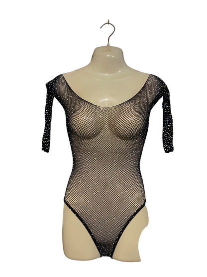 |S| BUST 15| A21| BLACK MESH RHINESTONE SPARKLY LONG SLEEVE BODYSUIT