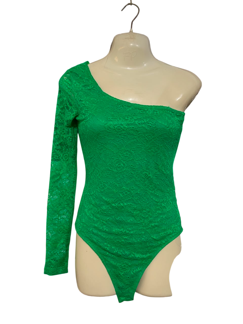 TOP SHOP |XS| BUST 15| A21| STYLISH GREEN LACE ONE-SHOULDER LONG SLEEVE BODYSUIT