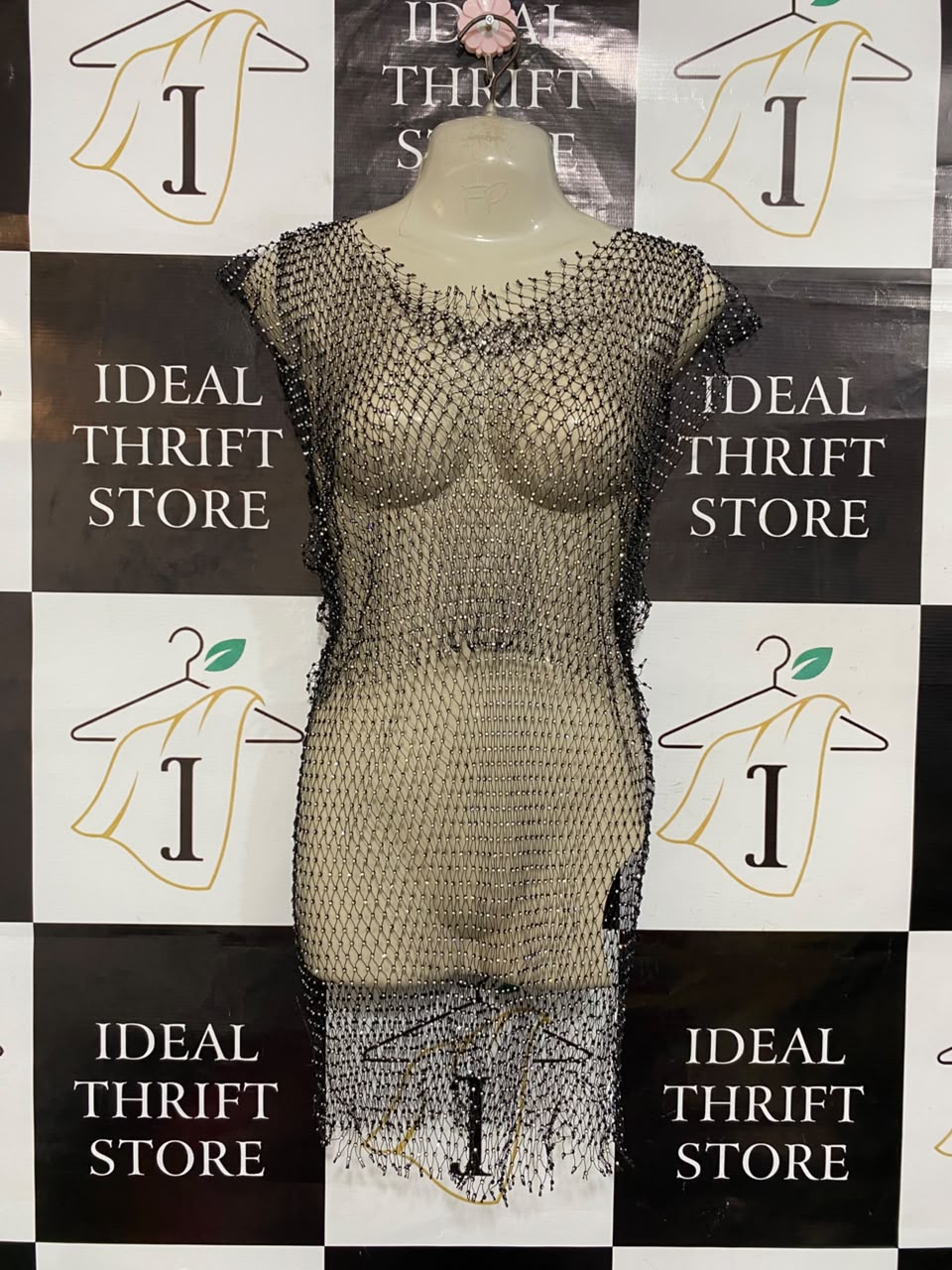 |S| BUST 16| A21| STYLISH BLACK MESH RHINESTONE SPARKLY COVER-UP DRESS