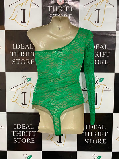 TOP SHOP |XS| BUST 15| A21| STYLISH GREEN LACE ONE-SHOULDER LONG SLEEVE BODYSUIT