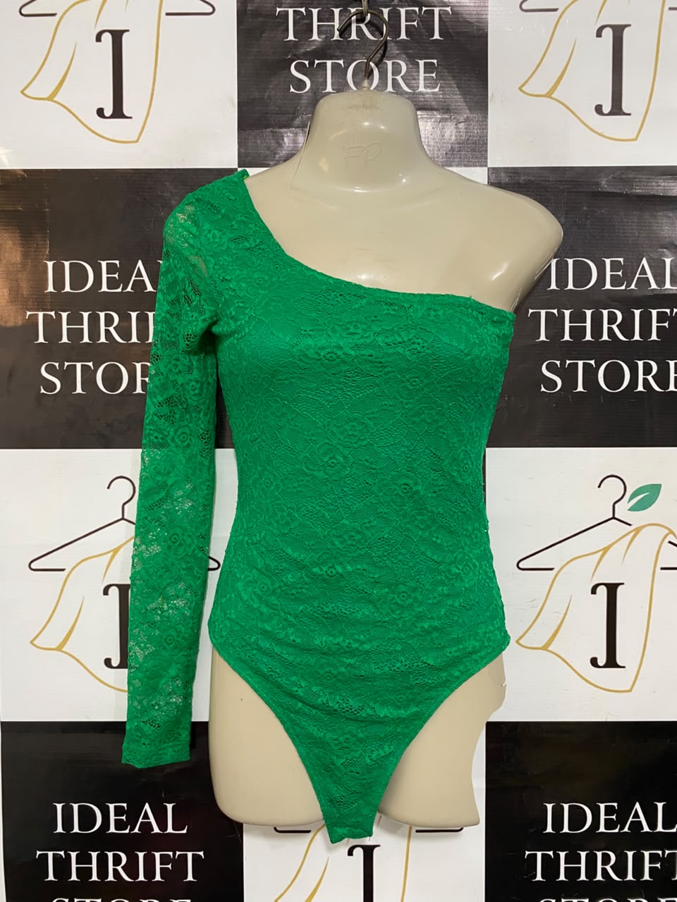 TOP SHOP |XS| BUST 15| A21| STYLISH GREEN LACE ONE-SHOULDER LONG SLEEVE BODYSUIT
