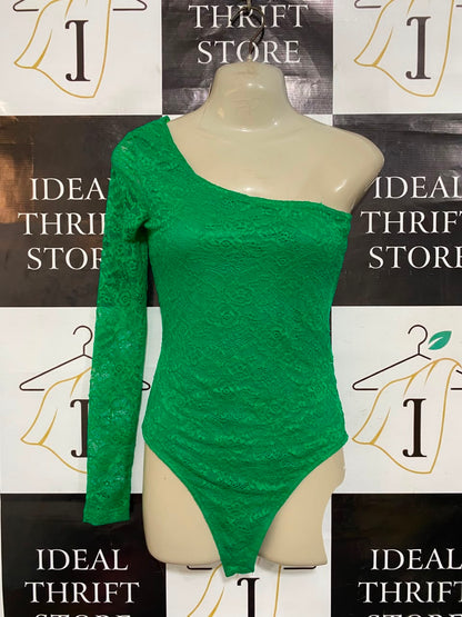 TOP SHOP |XS| BUST 15| A21| STYLISH GREEN LACE ONE-SHOULDER LONG SLEEVE BODYSUIT