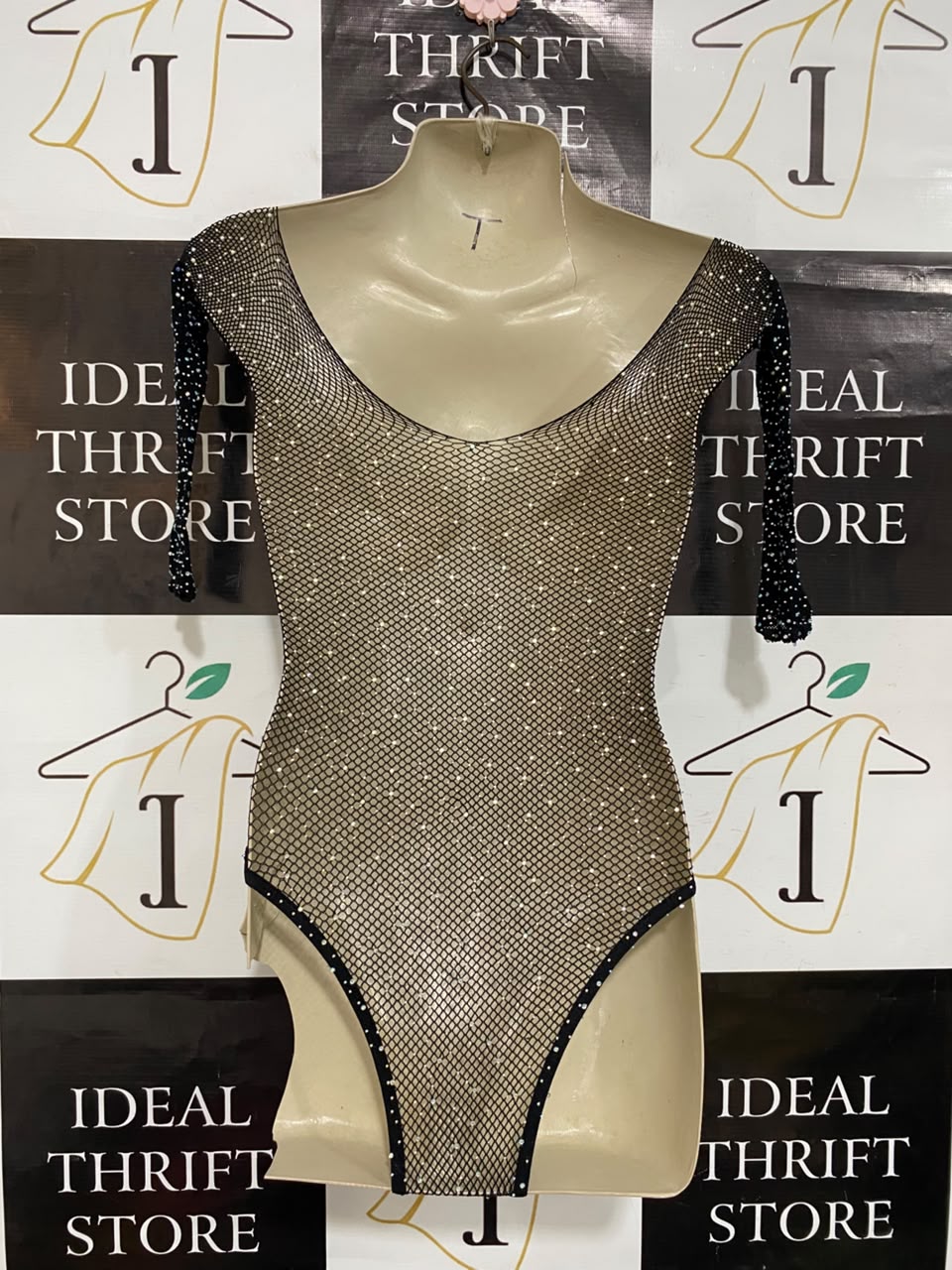 |S| BUST 15| A21| BLACK MESH RHINESTONE SPARKLY LONG SLEEVE BODYSUIT