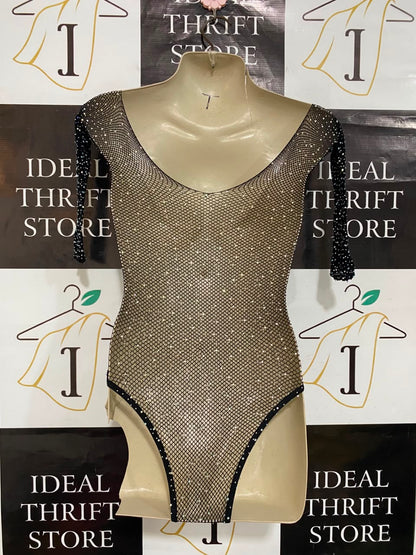 |S| BUST 15| A21| BLACK MESH RHINESTONE SPARKLY LONG SLEEVE BODYSUIT