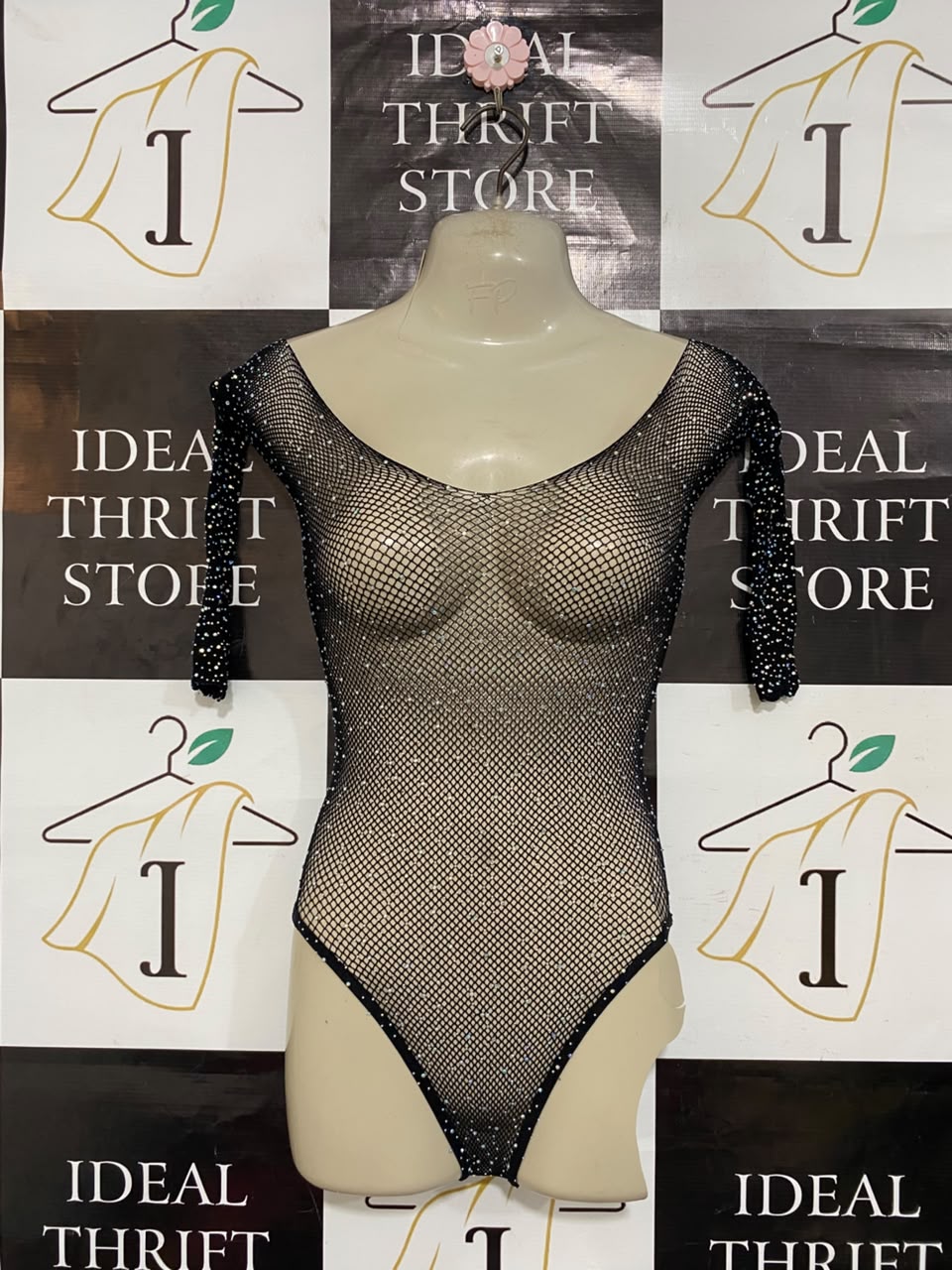 |S| BUST 15| A21| BLACK MESH RHINESTONE SPARKLY LONG SLEEVE BODYSUIT