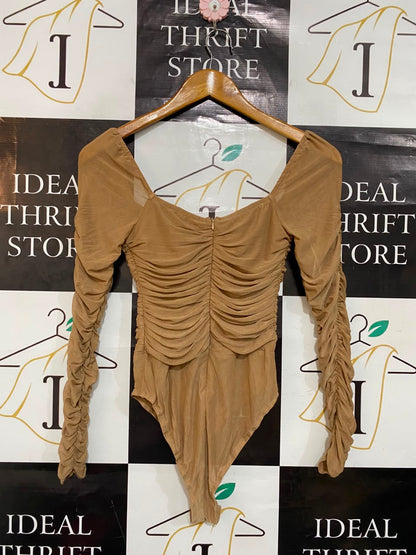 PRINCESS POLLY |S| BUST 12| A21| NUDE RUCHED MESH LONG SLEEVE BODYSUIT
