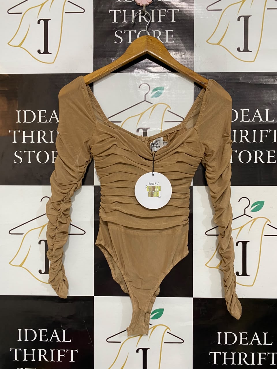 PRINCESS POLLY |S| BUST 12| A21| NUDE RUCHED MESH LONG SLEEVE BODYSUIT