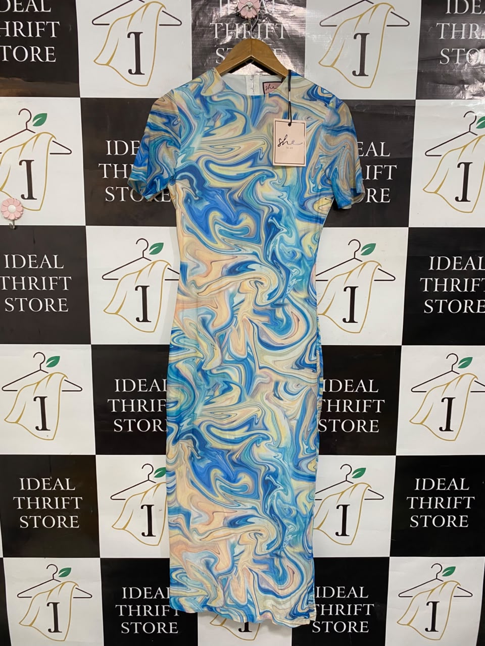 SHE |L| BUST 16| A21| BLUE MARBLE SWIRL PRINT SHORT SLEEVE MIDI DRESS