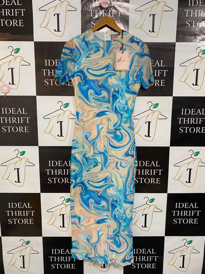 SHE |L| BUST 16| A21| BLUE MARBLE SWIRL PRINT SHORT SLEEVE MIDI DRESS