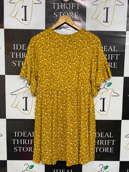 BOOHOO |M| BUST 18| A21| MUSTARD YELLOW FLORAL PRINT RUFFLE SLEEVE SMOCK DRESS