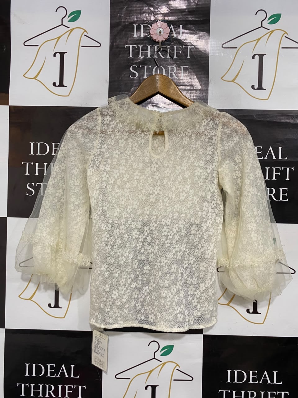 MEIMEIYU |S| BUST 15| A21| CREAM LACE RUFFLE COLLAR PUFF SLEEVE TOP