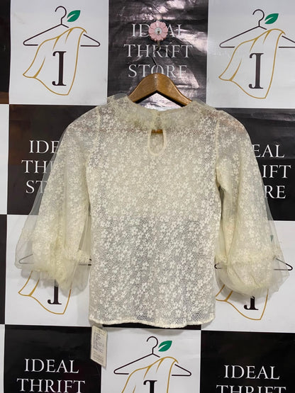 MEIMEIYU |S| BUST 15| A21| CREAM LACE RUFFLE COLLAR PUFF SLEEVE TOP
