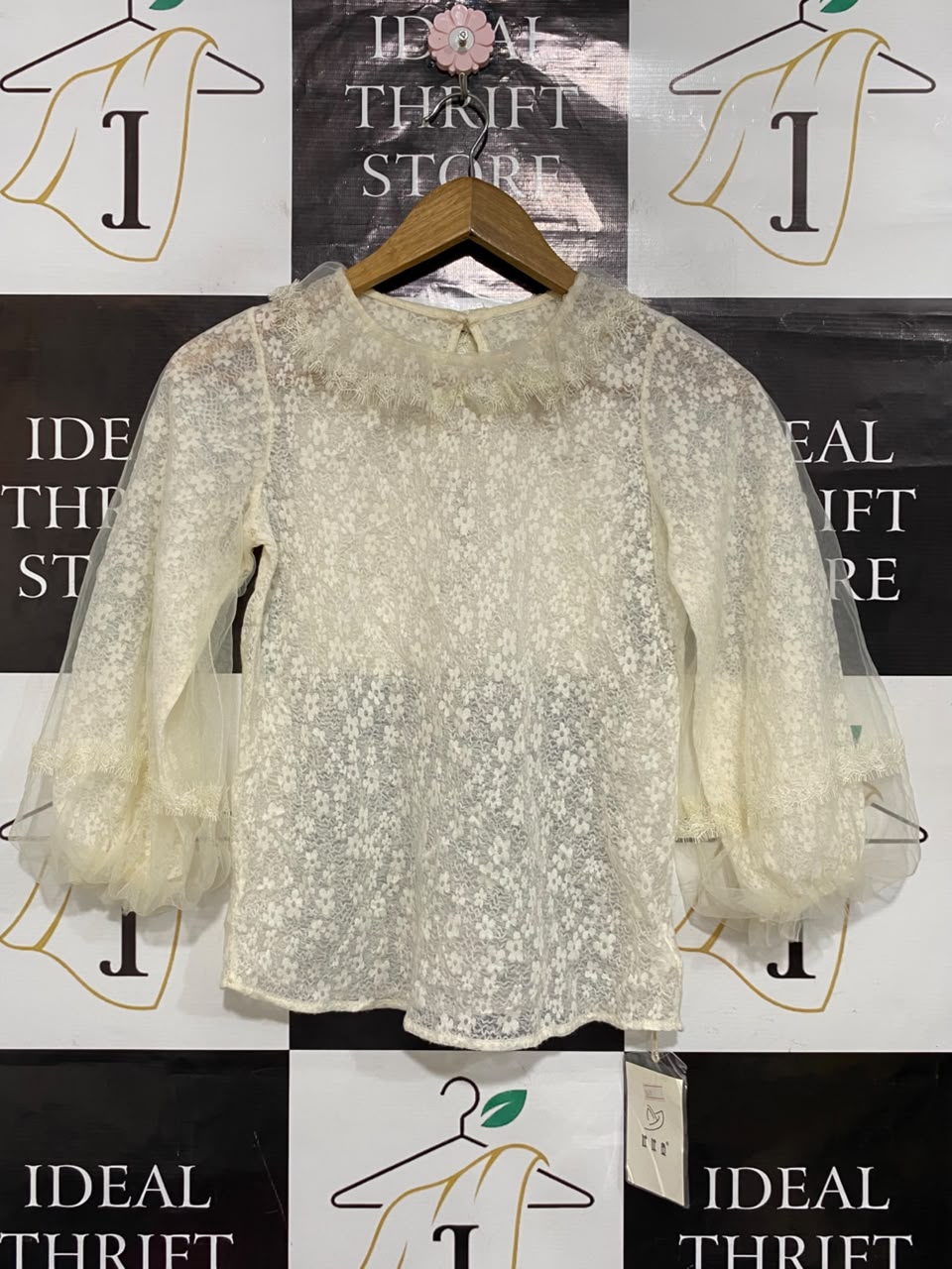MEIMEIYU |S| BUST 15| A21| CREAM LACE RUFFLE COLLAR PUFF SLEEVE TOP