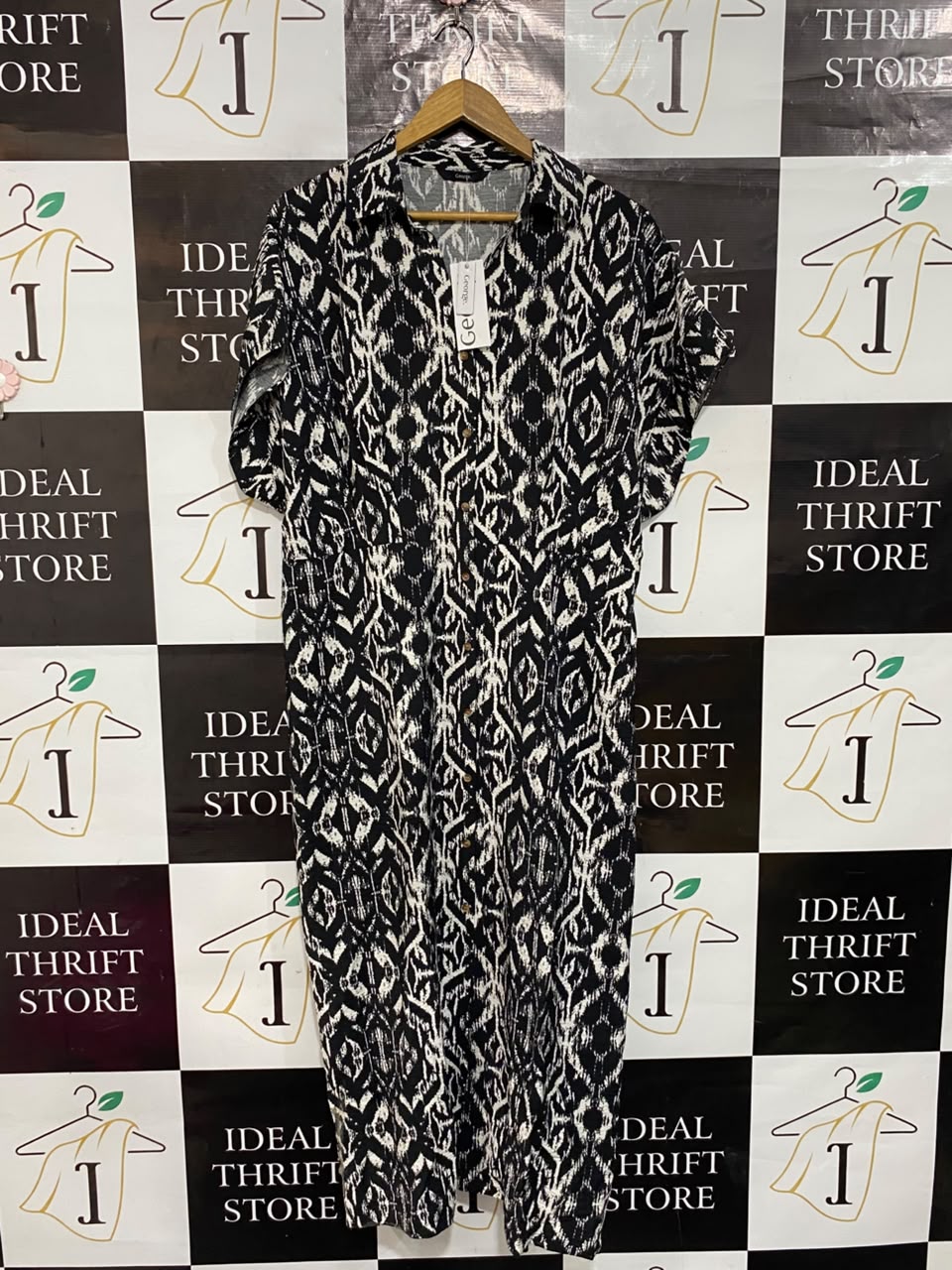 GEORGE |M| BUST FREE| A21| BLACK AND WHITE GEOMETRIC PRINT SHIRT MIDI DRESS