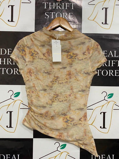 KOOKAI |M| BUST 15| A21| ABSTRACT PRINT MESH ASYMMETRIC SHORT SLEEVE TOP