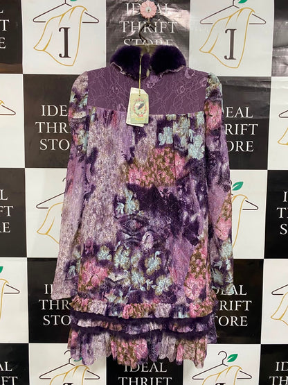 ANNA & LICE |M| BUST 19| A21| PURPLE FLORAL FAUX FUR TRIM LONG SLEEVE MINI DRESS