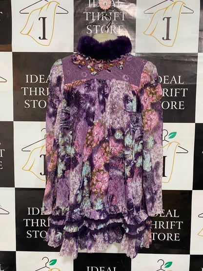 ANNA & LICE |M| BUST 19| A21| PURPLE FLORAL FAUX FUR TRIM LONG SLEEVE MINI DRESS