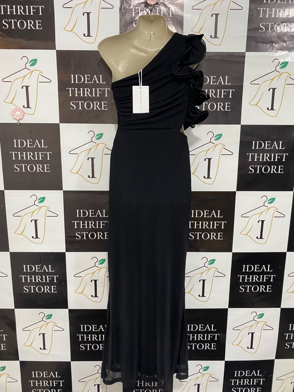SAINTS & SECRETS |S| BUST 15| A21| BLACK ONE-SHOULDER RUFFLE MAXI DRESS