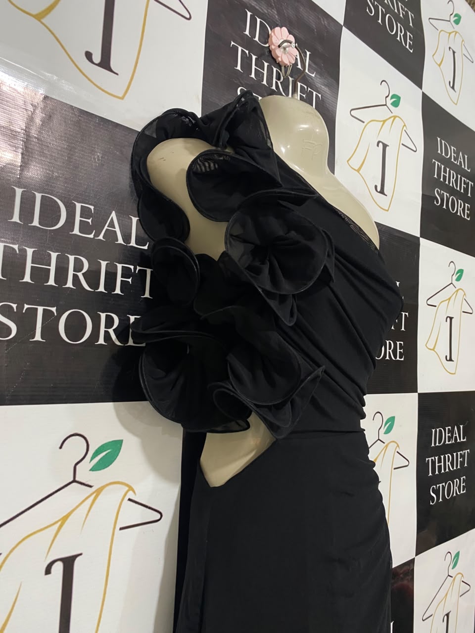 SAINTS & SECRETS |S| BUST 15| A21| BLACK ONE-SHOULDER RUFFLE MAXI DRESS