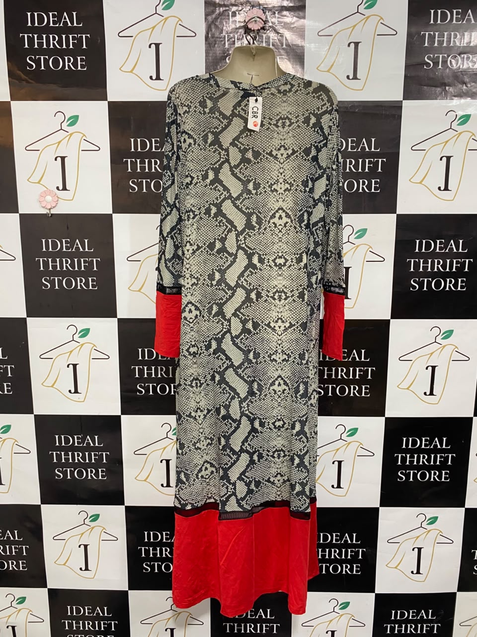 CBR |L| BUST 20| A21| SNAKESKIN PRINT RED TRIM LONG KIMONO CARDIGAN