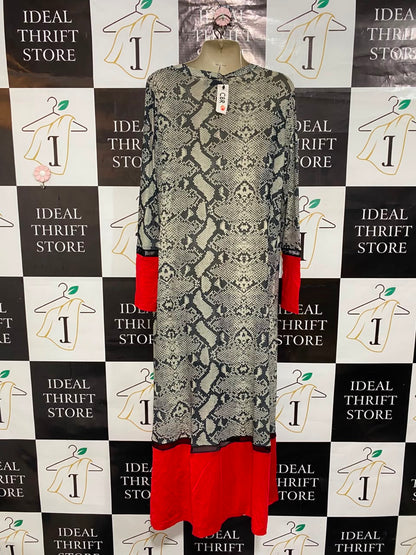 CBR |L| BUST 20| A21| SNAKESKIN PRINT RED TRIM LONG KIMONO CARDIGAN