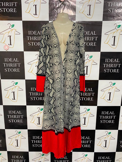 CBR |L| BUST 20| A21| SNAKESKIN PRINT RED TRIM LONG KIMONO CARDIGAN