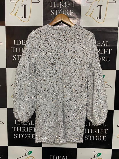 |S| BUST 17| A21| SILVER SEQUIN SPARKLY LONG SLEEVE MINI DRESS