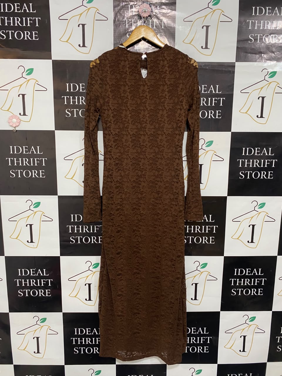 BEGINNING |M| BUST 16| A21| BROWN LACE CUT-OUT LONG SLEEVE MIDI DRESS