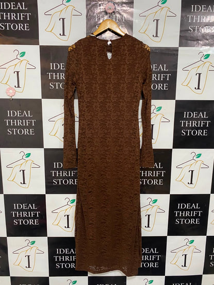 BEGINNING |M| BUST 16| A21| BROWN LACE CUT-OUT LONG SLEEVE MIDI DRESS