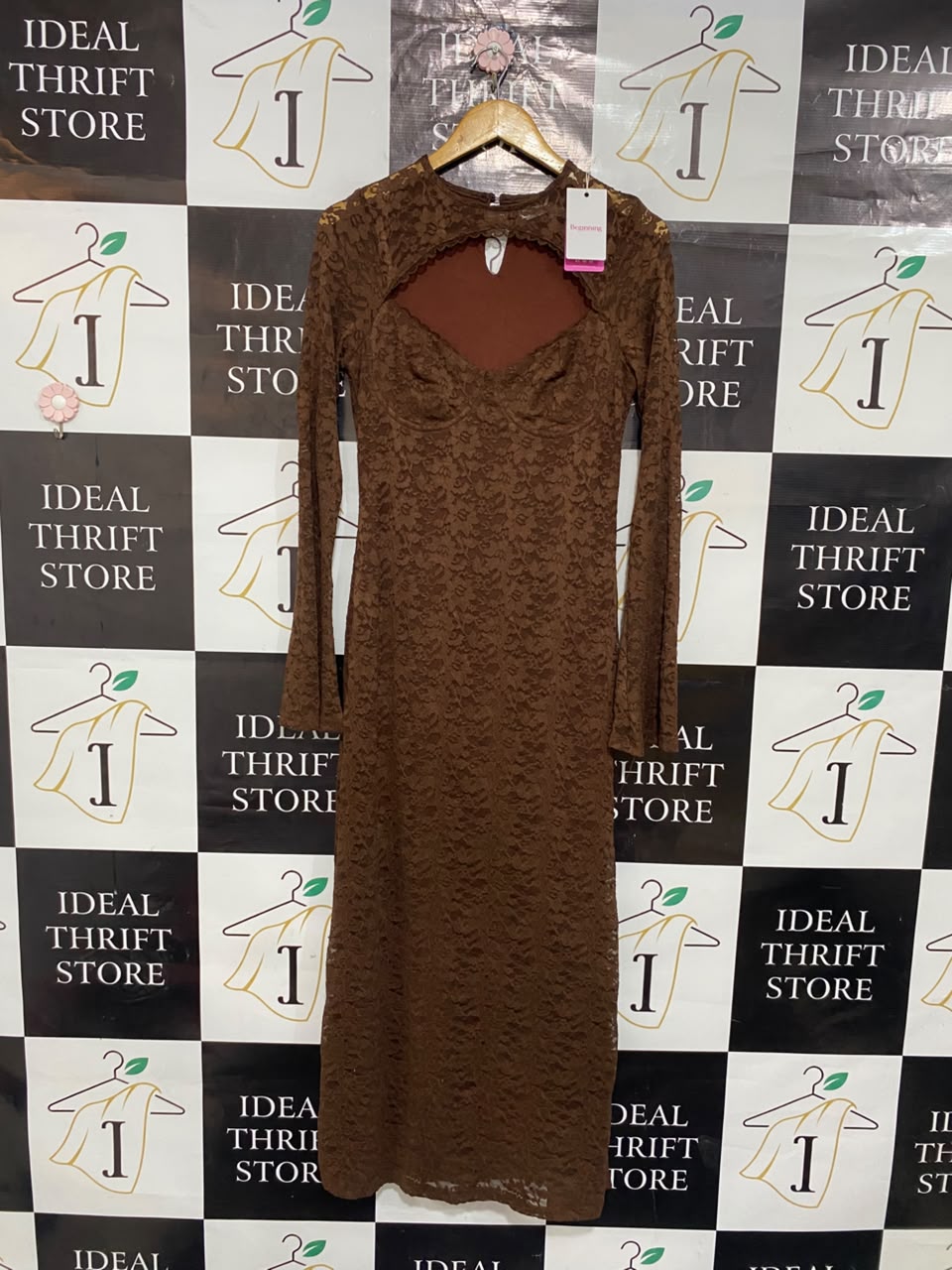 BEGINNING |M| BUST 16| A21| BROWN LACE CUT-OUT LONG SLEEVE MIDI DRESS