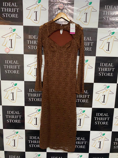 BEGINNING |M| BUST 16| A21| BROWN LACE CUT-OUT LONG SLEEVE MIDI DRESS